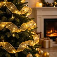 2pcs Christmas Tree Ribbon Lights, Christmas Decorations, Holiday Celebration Decor, Indoor Party Decoration, Ribbon Lights, Room Decoration Lights, Holiday Lighting, Suitable For Halloween, Thanksgiving And New Year Multi-Functional Decor - Gold - View 6