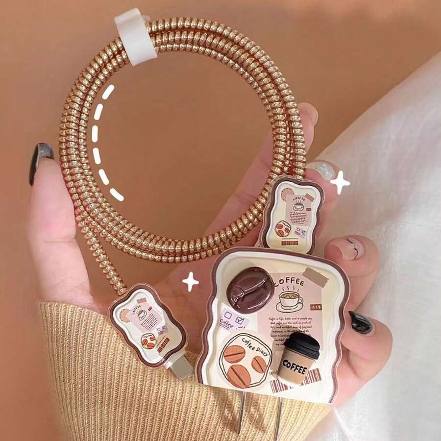 5pcs Coffee Series Cartoon Decorative Charger Protective Covers, 1.5m Anti-Breakage Data Cable Protector Wrap Rope, Compatible With Apple 16/17 Pro Phone 20W Charger Protective Covers, Wonderful Gift - Coffee Brown - View 1