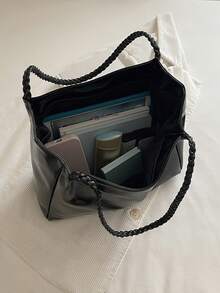 New Vintage Fashion Faux PU Leather Solid Color Tote Bag, Personalized Woven Shoulder Strap, Zipper Closure, Lightweight Minimalist, Large Capacity Casual Commuter Shoulder Bag - Black - View 6