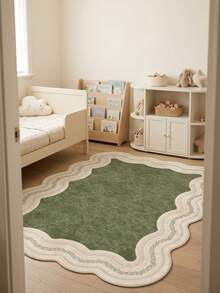 1pc Olive Green & Beige Wavy Border Pattern French Country Vintage Rug, Fresh Elegant Style Faux Cashmere Asymmetrical Wavy Edge Rectangular Multi-Layered Beige Woven Trim Frame With Distressed Texture Detail, Machine Washable Area Carpet For Living Room Bedroom Balcony, All Season Home Decor - Multicolor - View 4
