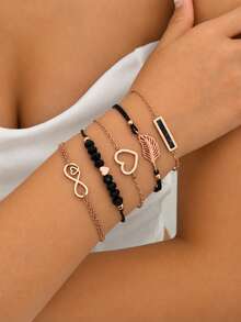 5pcs Women's Gold Bracelet Set, Heart, Infinity Symbol, Leaf & Black Bead Layered Design, Adjustable Fashion Jewelry - Gold - View 1