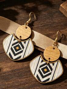 1 Pasang Anting Kayu Geometris, Anting Pola Belah Ketupat Bohemian Vintage - MultiWarna - View 5