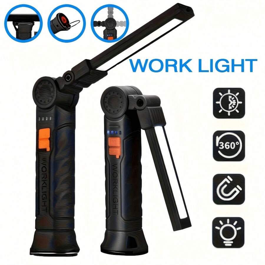 Senter LED Genggam Bertenaga, Senter Mini COB 4 Mode, Dapat Diisi Ulang USB, Lampu Kerja Lipat Portabel dengan Kait untuk Rumah, Berkemah, Memancing, Membaca, Perbaikan, dan Penerangan Darurat, Tahan Air IP44 - A - View 1