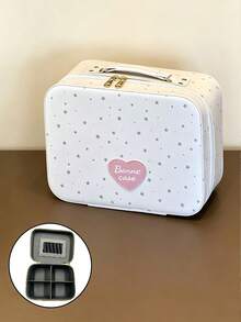 3pcs/1 Pc Polka‑Dot Heart Cosmetic Case, Vintage Sweet Style R Rectangular Shape, Double Zipper Compartment Portable Storage Makeup Bag, For Travel Daily Weekend Getaway - Multicolor - View 14