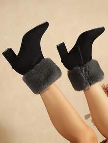 New Women's Versatile Fuzzy Side Zipper Chunky Heel High Heel Ankle Boots Autumn Winter Pointed Toe Fashion All-Match Style Faux Fur Home Wear - Black - View 5