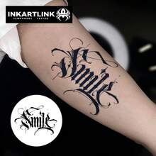 INKARTLINK 1PC Smile Gothic Calligraphy Tattoo Sticker, Temporary Waterproof Body Art Tattoo Sticker, Lasts 2-5 Days, Water Transfer Color Tattoo Sticker, Suitable For Men And Women, Must-Have For People, Party Essential Decoration, Holiday Celebration Body Decoration - Black - View 3
