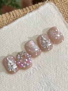 4pcs Fall Autumn Christmas 3D Christmas Tree Nail Art Metal Charms, Inlaid With Rhinestones & Faux Pearls, Luxury Texture, Festive Atmosphere Nail Decor, Fingernail DIY Decoration, Salon Style Versatile Nail Accessories - Multicolor - View 3