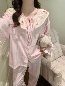 2pcs/Set Women's Pajamas Loungewear Set, Bow Print Frill Trim Fashion Cardigan Long Sleeve Pants, Easy Care Fabric - Pink - View 9