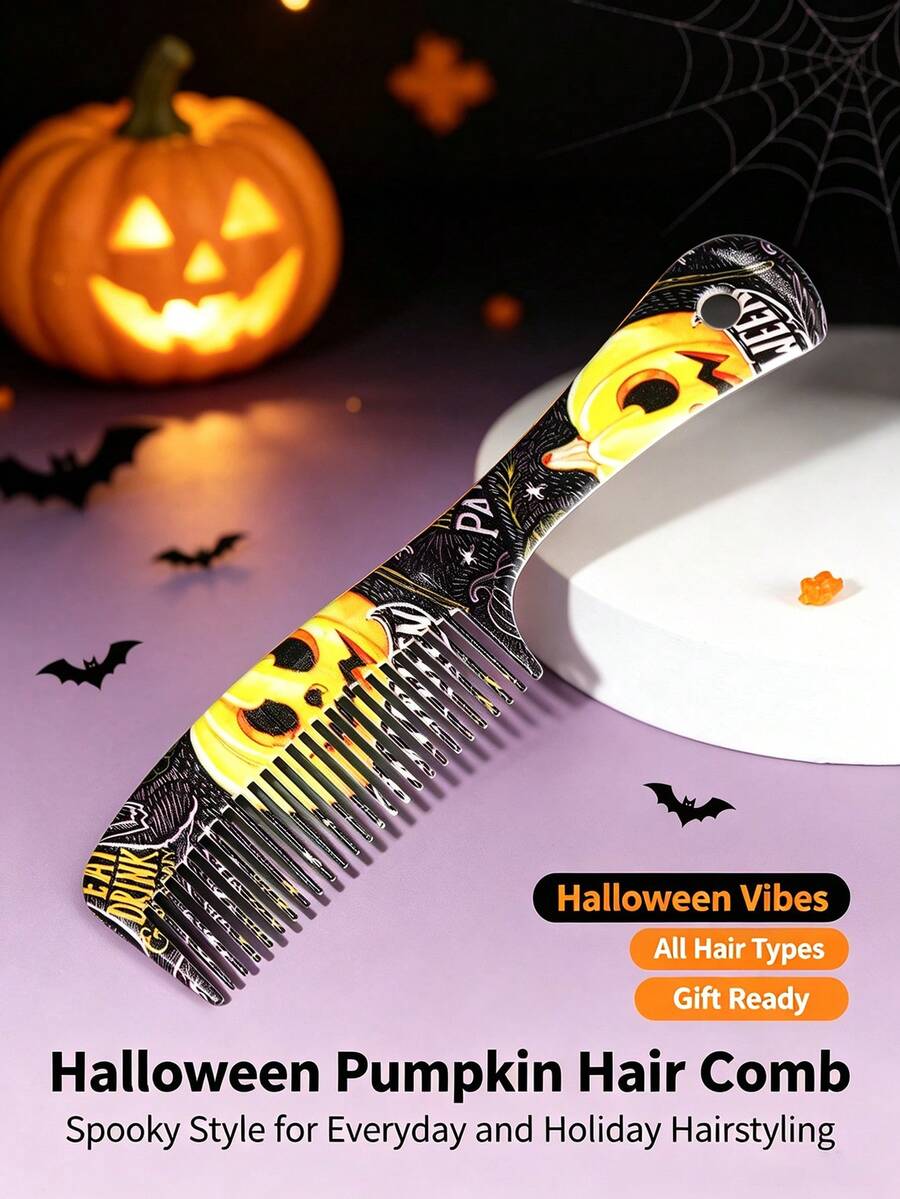 Halloween Pumpkin Print Hair Comb, Anti‑Static Wide Tooth Hair Detangling Comb, Portable Festive Hair Accessory For Daily Party Halloween Gift - Multicolor - View 1