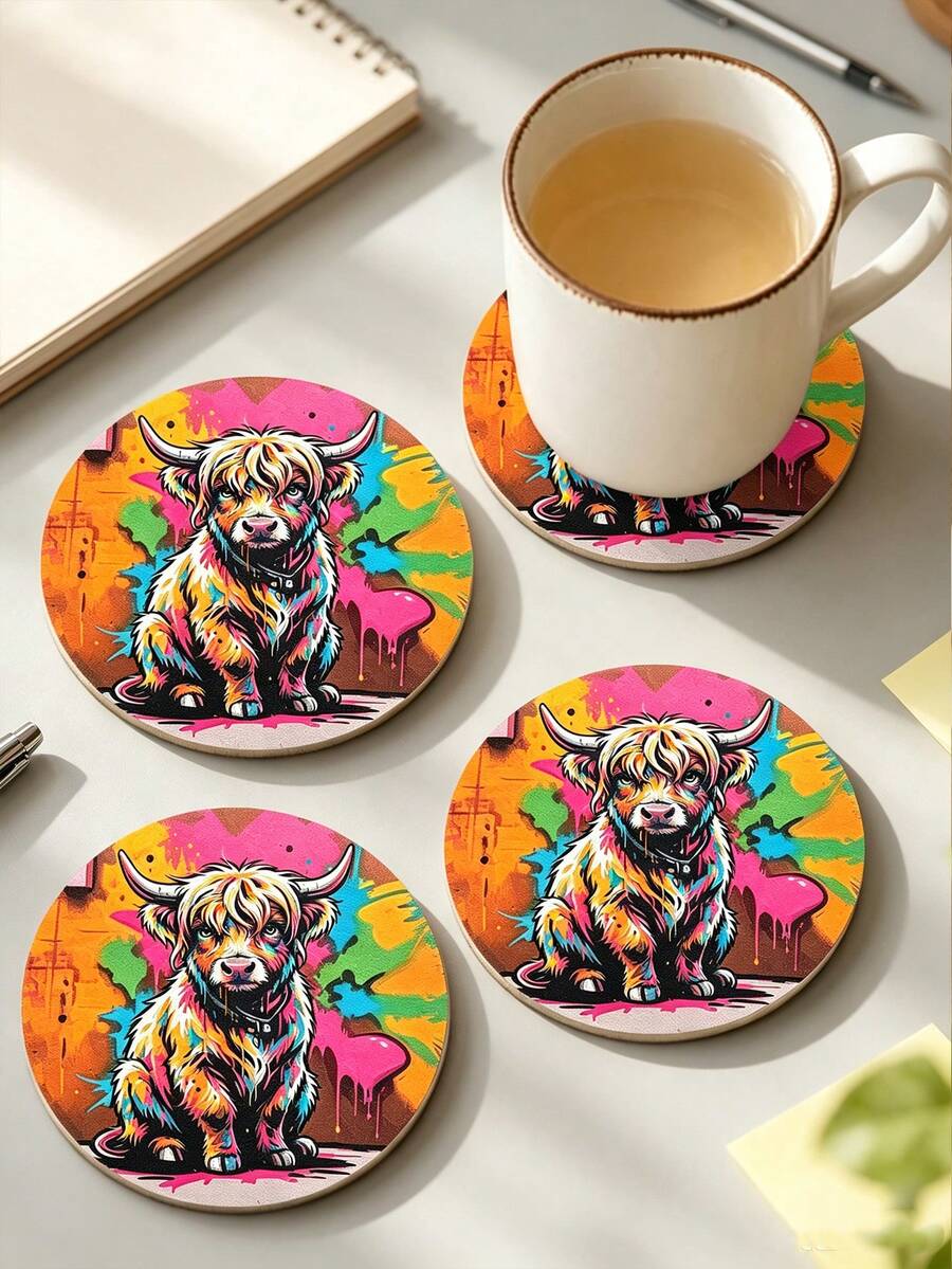 6/1pc Round Wooden Highland Cow Graffiti Print Coaster, Heat-Resistant Coffee Cup Insulation Pad, Colorful Street Art Animal Desktop Decor, Home Kitchen Supplies, Birthday Holiday Party Favor, Gift For Cow Lovers Boyfriend/Girlfriend - Multicolor - View 1
