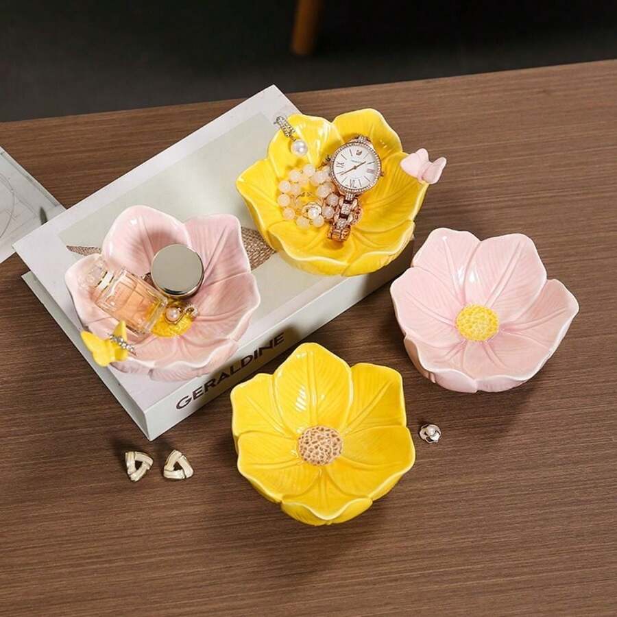 Tulip Shape Flower Jewelry Tray Solid Ceramic Jewelry Holder Organizer Elegance Petal Design Trinket Tray Table Decoration - Multicolor - View 1