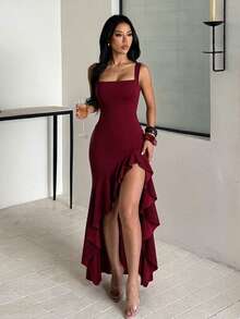 Women's Elegant Sleeveless Square Neck Knit Dress - Burgundy - View 2