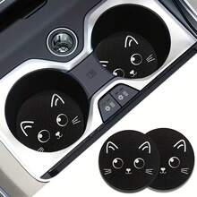 Cat Car Cup Holder Coaster Set 2pcs - Non-Slip Design, Washable, Ideal Choice For Car Interior Accessories; Suitable For Daily Use By Car Owners, Also A Great Gift For Car Enthusiasts - A - View 2