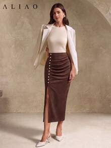Aliao Suede Split Midi Skirt Women, High Waist Ruched Bodycon Side Slit Straight Skirt Wedding Date Fall - Brown - View 3
