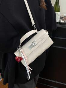 Dedoo 女款單色無圖案PU材質金屬鎖扣可拆卸肩帶便攜收納復古辣妹風日常通勤約會小包斜挎包法棍包，無吊飾 - 米色 - 查看 4