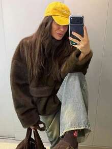 OFTBUY Jaket Pendek Bulu Imitasi Wanita, Kerah Tegak Lengan Panjang, Pakaian Musim Dingin yang Hangat - Coffee Brown - View 6