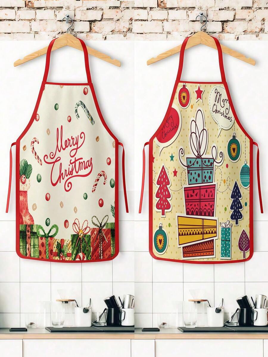 2Pcs Christmas Couple Apron Set, Merry Christmas Text Candy Cane Stocking Gift & Stacked Gift Box Xmas Tree Ornament Printed Adjustable Bib Apron, Holiday Kitchen Cooking Baking Apron For Family Party Xmas Gift - Multicolor - View 1