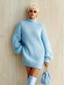 Women's High Neck Solid Color Lantern Sleeve Loose Knit Dress, French Elegant Style, Soft And Comfortable For Autumn/Winter, 2026 Fashion New Arrival - Baby Blue - View 5