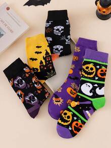 1/3/5/10 Pairs Random Halloween Party Theme Skull Pumpkin Pattern Mid-Calf Socks For Men And Women - Multicolor - View 2