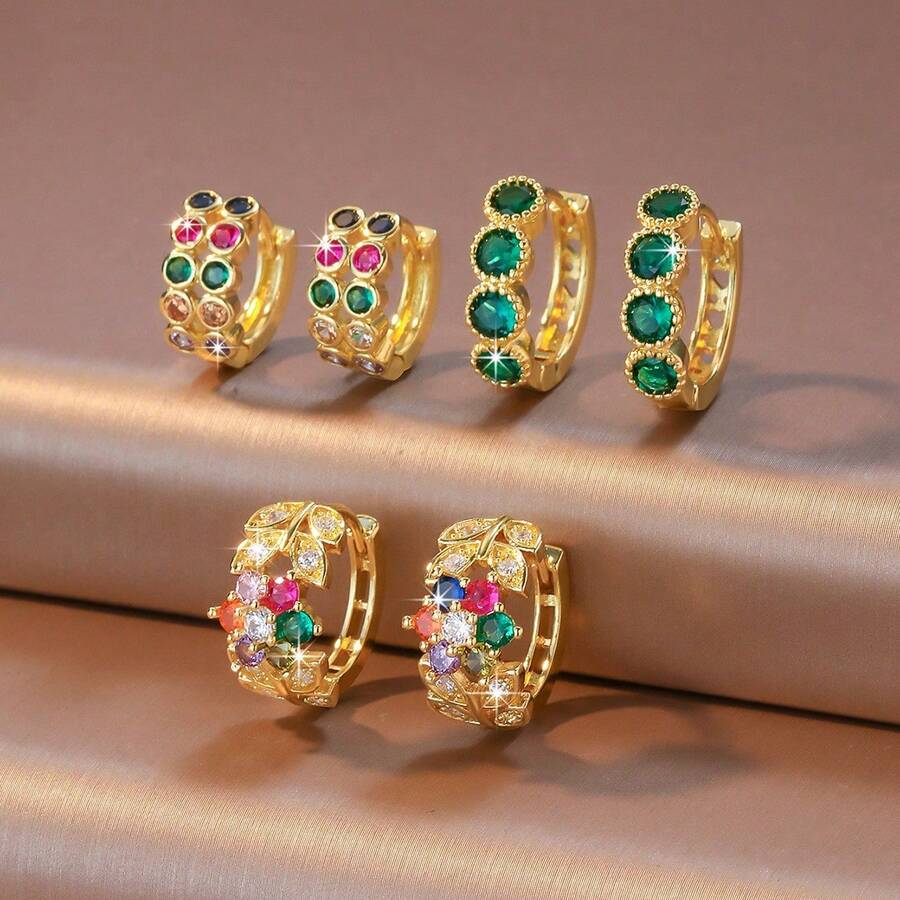 Multi-Color Vintage Palace Style Colorful Rhinestone Inlaid Gold Hoop Earrings, Luxury Sparkling Women's Party Daily Versatile Earring Gift - Multi-color 2 - View 1