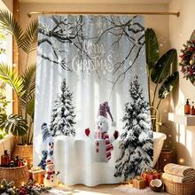 1pc Christmas Print Shower Curtain, Abstract Vintage Polyester Fabric Shower Curtain With 12 Hooks, Suitable For Bathroom Or Bathtub Decor - Multicolor - View 6