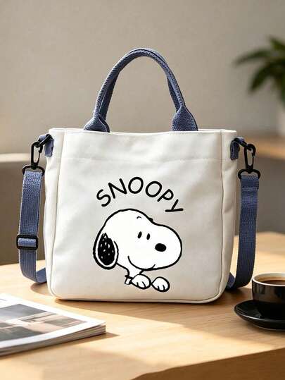1pc Cute Snoopy Print Canvas Tote Bag, Suitable For Women And Girls, Detachable And Adjustable Shoulder Strap, Large Capacity, Lightweight Casual Handbag, Multi-Functional Daily Use Bag, Suitable For Shopping, Travel, School, Work, Commuting