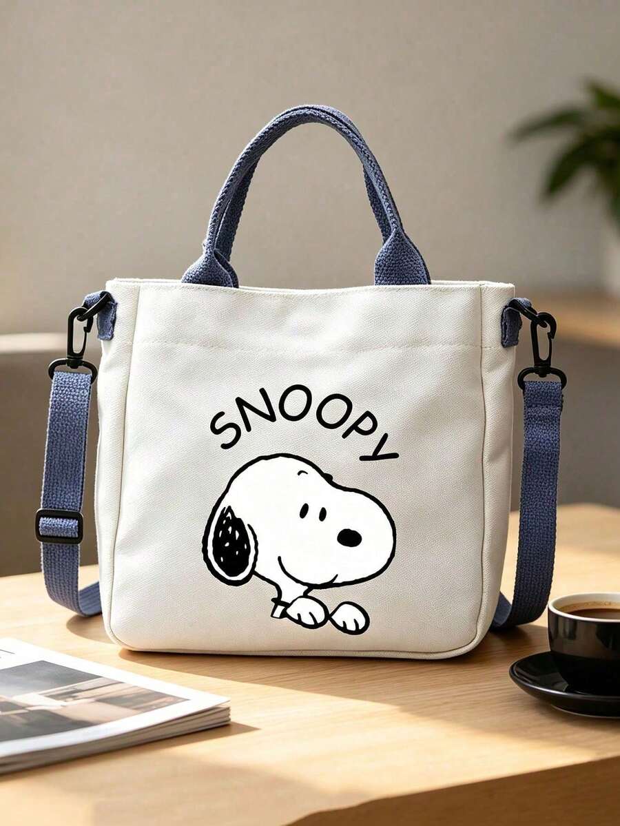 1pc Cute Snoopy Print Canvas Tote Bag, Suitable For Women And Girls, Detachable And Adjustable Shoulder Strap, Large Capacity, Lightweight Casual Handbag, Multi-Functional Daily Use Bag, Suitable For Shopping, Travel, School, Work, Commuting - Multicolor - View 1