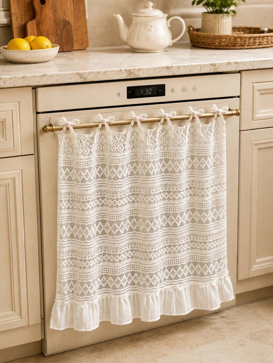 White Lace Oven Skirt, Ruffled Tie‑On Kitchen Dishwasher Cover Curtain, Boho Hollow Lace Decorative Curtain For Kitchen Appliance Decor - White/A - View 1