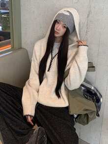 Women's Winter Half-Zip Hooded Knit Pullover Sweater Top - Apricot - View 5