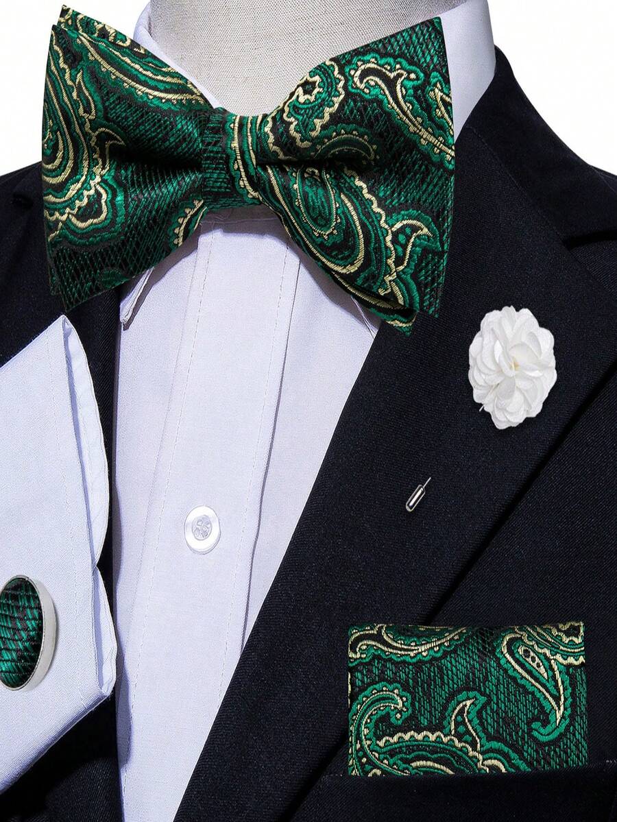 4Pcs Men Green Paisley Jacquard Bow Tie Pocket Square Cufflinks Boutonniere Set For Wedding Business Party - Green - View 1