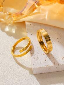 2pcs Stainless Steel Four-Leaf Clover Rings With English Engraving, Open Ring Set, Waterproof And Fade-Resistant, Suitable For Women's Daily Wear - Gold - View 1
