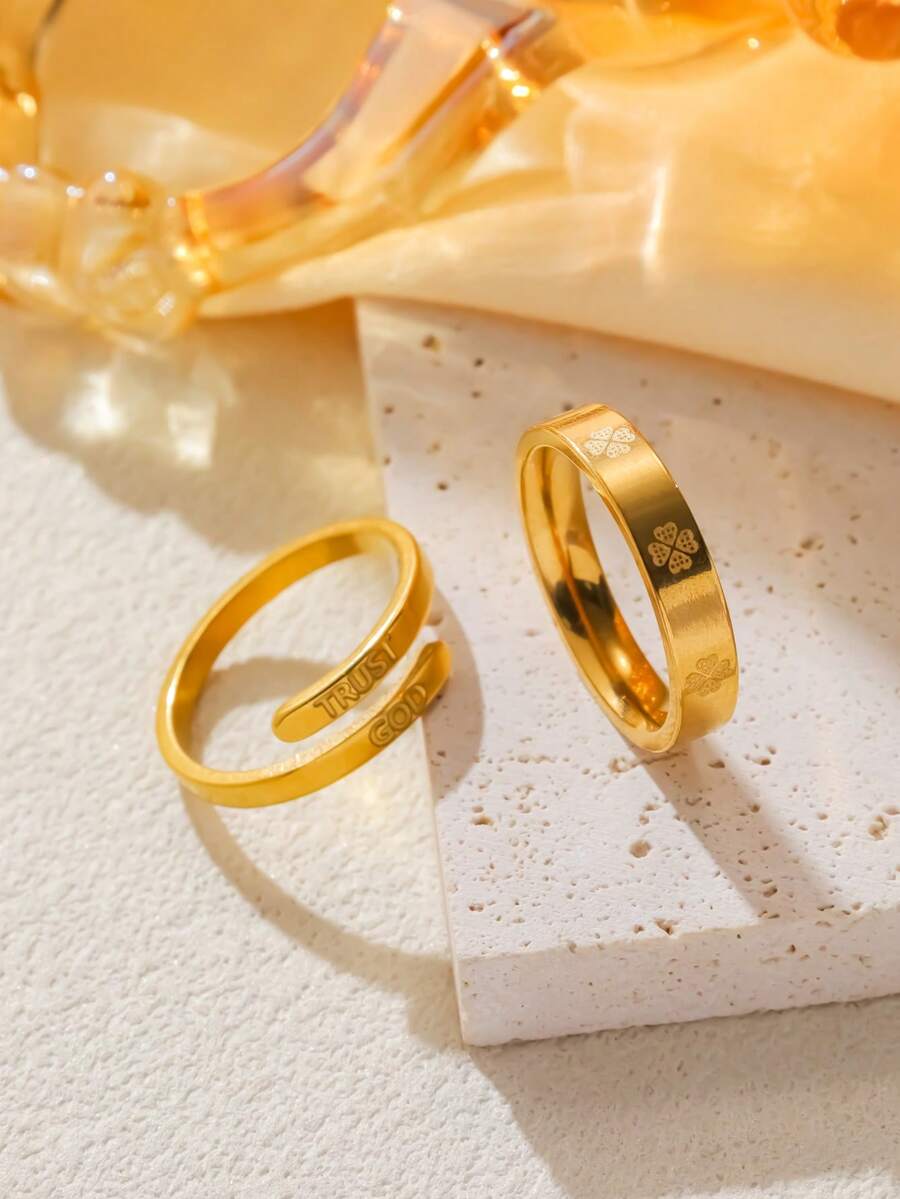 2pcs Stainless Steel Four-Leaf Clover Rings With English Engraving, Open Ring Set, Waterproof And Fade-Resistant, Suitable For Women's Daily Wear - Gold - View 1