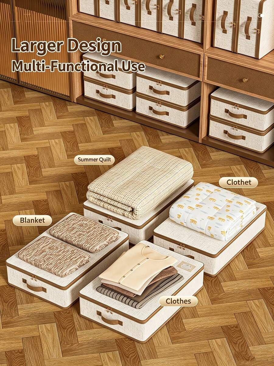 Fabric Clothing & Bedding Storage Box, Large Opening Storage Bin, Vertical Side Placement Space-Saving, Reinforced Handle Stackable Organizer, Closet Quilt Blanket Clothes Storage Box, Household Lidded Dust-Proof Storage Bin, Closet Clothes & Bedding Organizer Storage Box, Foldable Storage - Multicolor - View 1