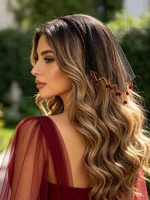 1pc New Black Tulle Headband, Burgundy Crystal Tassel Trim Tulle Headpiece, Face-Covering Triangle Headscarf Hair Accessory - Black Mesh - View 3