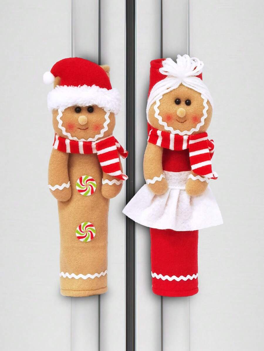1pc/2pcs Christmas Gingerbread Man Refrigerator Handle Cover, Cute Gingerbread Boy & Girl Plush Fridge Handle Protector, Scene Decoration, Holiday Decor, Room Decor, Home Decor, Theme Party Decoration, Christmas Decoration - Multicolor - View 1