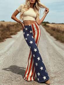 VEXHEIMA Western Style Women's Fashion National Flag-Inspired, Versatile, Color-Blocked Geometric Pattern, Multicolored Stripes Everyday Women's Pants - Multicolor - View 7