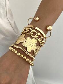 6pcs Multi-Layer Stackable Fashion Minimalist Elegant Exquisite Vintage Design Geometric Ribbon Flower Round Bead Asymmetrical Beaded Cuban Chain Metal Glossy Minimalist Plain Circle CCB Exaggerated Wide Chunky Bracelet Set, Holiday Vacation Party Date Gift, Daily Commute Wear, Personalized - Yellow Gold - View 3