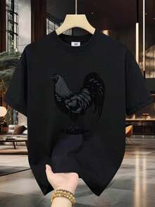 Camiseta 100 % cómoda para hombre - Manga corta, cuello redondo, estampado digital, cómoda para todas las estaciones, lavable a máquina, perfecta para salidas diarias, cuello redondo, diseño - Negro - Ver 1