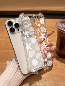 Fashionable Transparent Ocean Element Air Cushion Shockproof Phone Case, White Line Pattern, Seashell, Starfish, Coral, Ocean Design, Transparent Material, Anti-Drop Design, TPU Protective Shell, Raised Camera Lens Frame, Compatible With Apple 18 18Pro 18OMax 17 17Pro 17ProMax 11, 12, 13, 14, 15, 16, 17ProMax Models, Summer Beach Style Phone Case, Suitable For Women And Girls - Clear - View 6