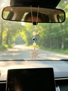 1pc Pearl Evil Eye Sun Pendant Car Rearview Mirror Hanging Decoration Car Interior Decor Accessory Vehicle Ornament - A - View 3