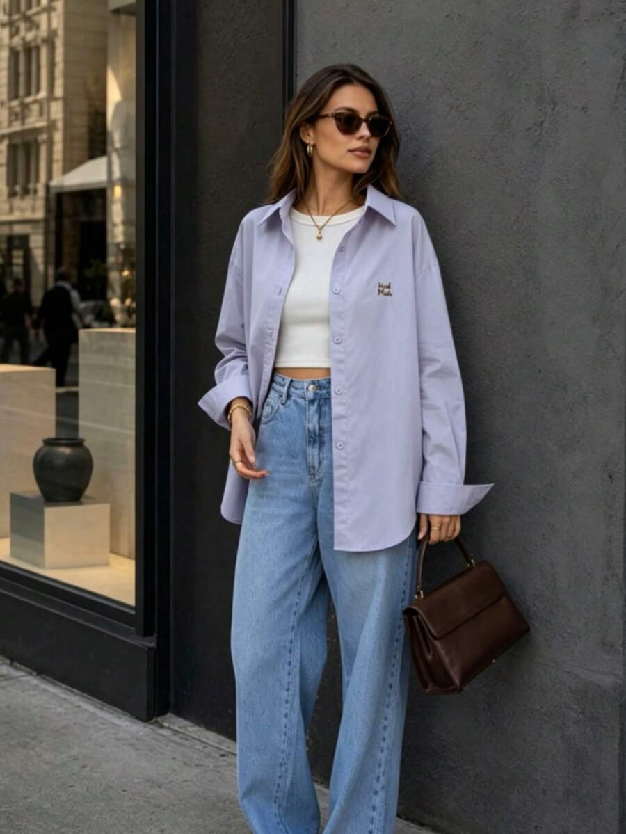 Women's Casual Daily Button Embroidered Open Front Long Sleeve Shirt - Mauve Purple - View 1