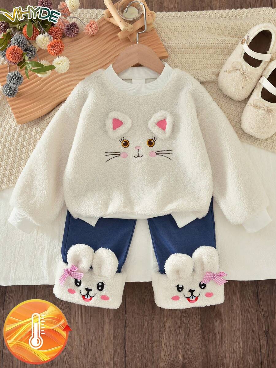 Vihyde 女童可愛貓咪刺繡衛衣與兔子腿蝴蝶結裝飾丹寧風長褲兩件套 - 白色 - 查看 1