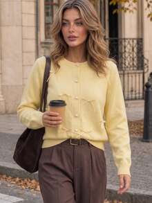 BYGOUBY Cardigan Rajut Polos dengan Pita, Lengan Panjang, Gaya Musim Gugur/Dingin - Kuning - View 4