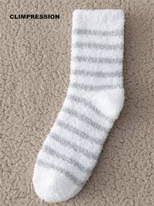 CLIMPRESSION Unisex Striped Plush Mid-Calf Socks, Neutral Fine Striped Coral Fleece Fluffy Home Socks, Soft Warm Winter Comfortable Sleep & Leisure Socks - Multicolor - View 3