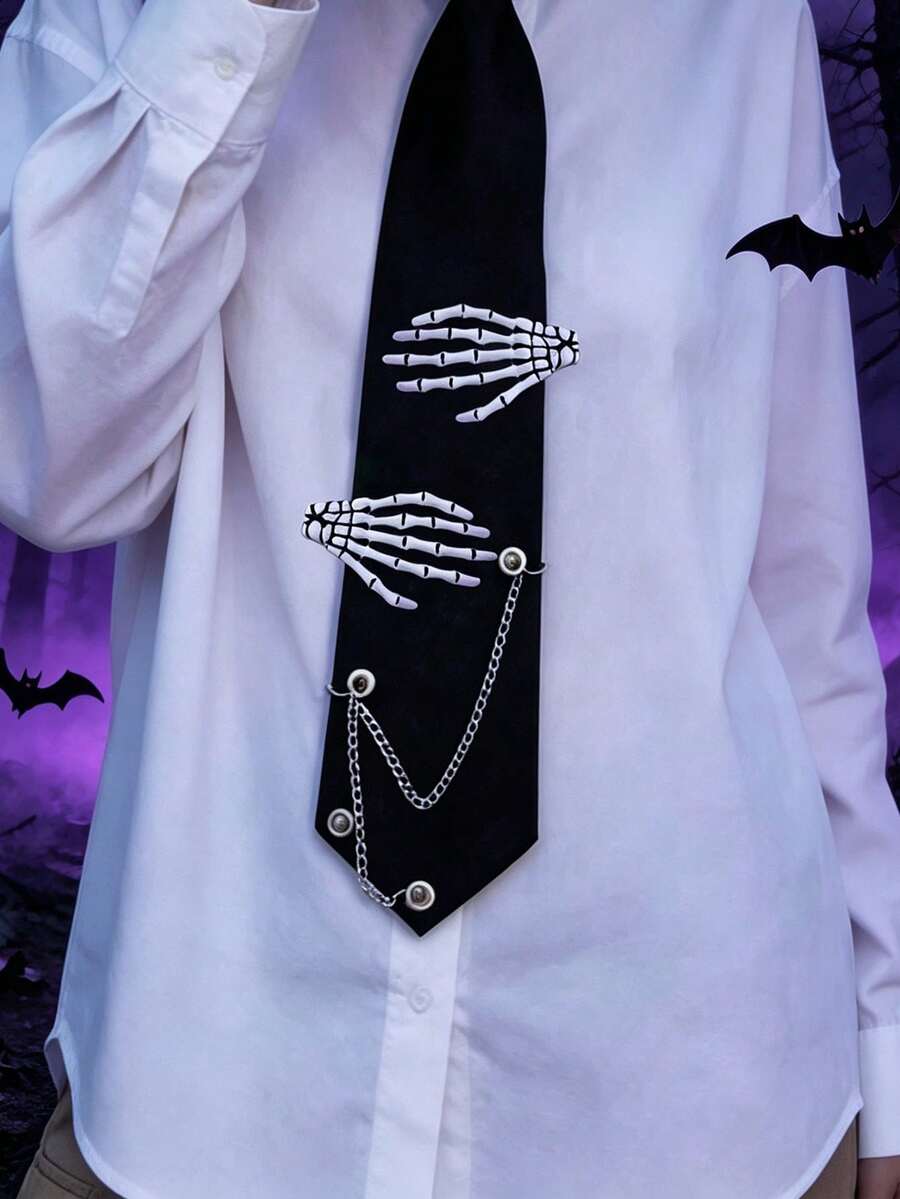 1pc Punk Style 3D Skull Bracelet Black Necktie, Halloween Cosplay Neck Accessory - Multicolor - View 1