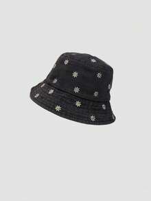 1pc Men's Daisy Embroidered Denim Bucket Hat, Streetwear Vintage Autumn/Winter Versatile Denim Bucket Hat - A - View 5