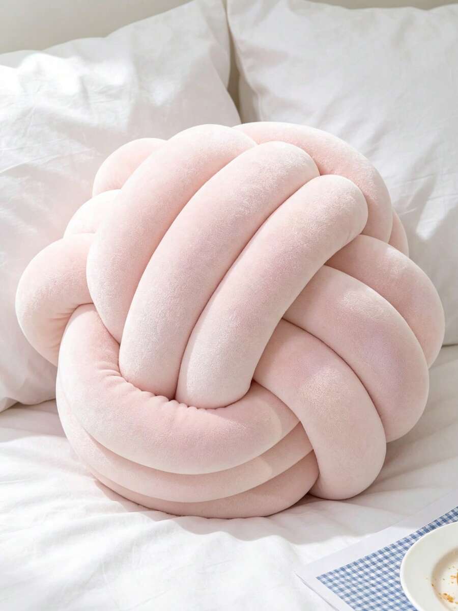 1pc Handmade Solid Color 3-Strand Woven Ball Decor, Suitable As Pillow, Sofa, Coffee Table Ornament, Bedroom Bedside Cushion, 3 Size Options, Pink - Gouache - View 1