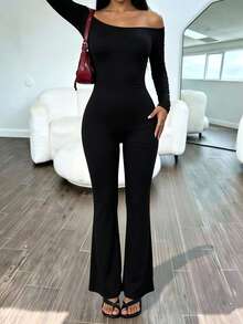 AiTyi Women's Black Cold Shoulder Long Sleeve Jumpsuit, Back Lace-Up Wrap Design, High Elasticity Long Jumpsuit, Suitable For Formal Occasions - Black - View 3