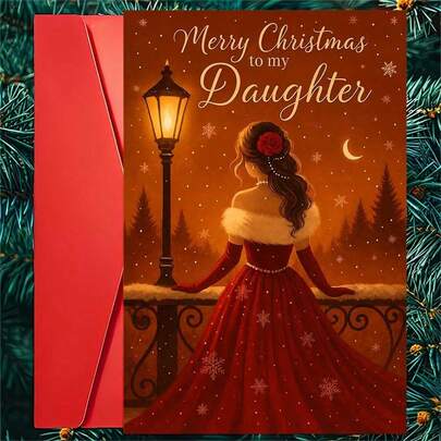 1 Greeting Card + 1 Envelope Elegant Christmas Greeting Card, Woman In Red Dress Standing By Street Lamp Merry Christmas To My Loved One, Winter Holiday Artistic Style.