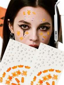 2/3 Sheets Halloween Orange Stickers Gems For Makeup, Pumpkin Spooky Spider Witch Face Jewels, Self Adhesive Face Eye Body Gems Stick On For Boo Rave Festival Accessories - Multicolor - View 6